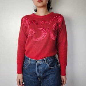 80s vintage red sweater women silk, angora wool/ beaded Christmas party sweater